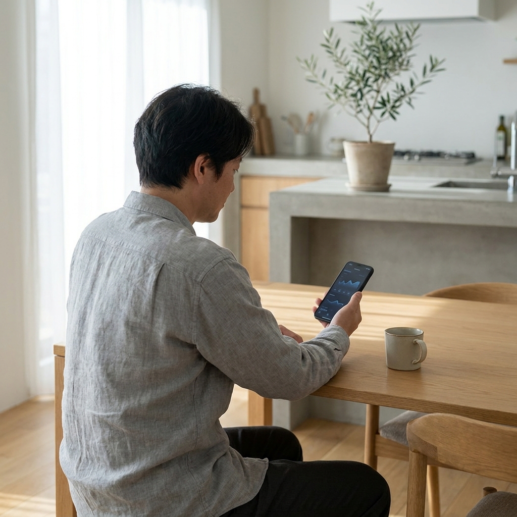 Person in their 40s at a modern kitchen table reviewing their blood biomarker results on a phone showing a dark-mode health dashboard with soft blue trend graphs