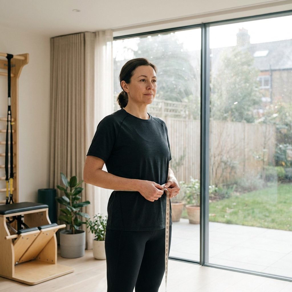 Healthy adult standing on a smart scale in a modern minimalist bathroom with a phone showing body fat percentage and skeletal muscle mass trend charts on a dark mode app dashboard