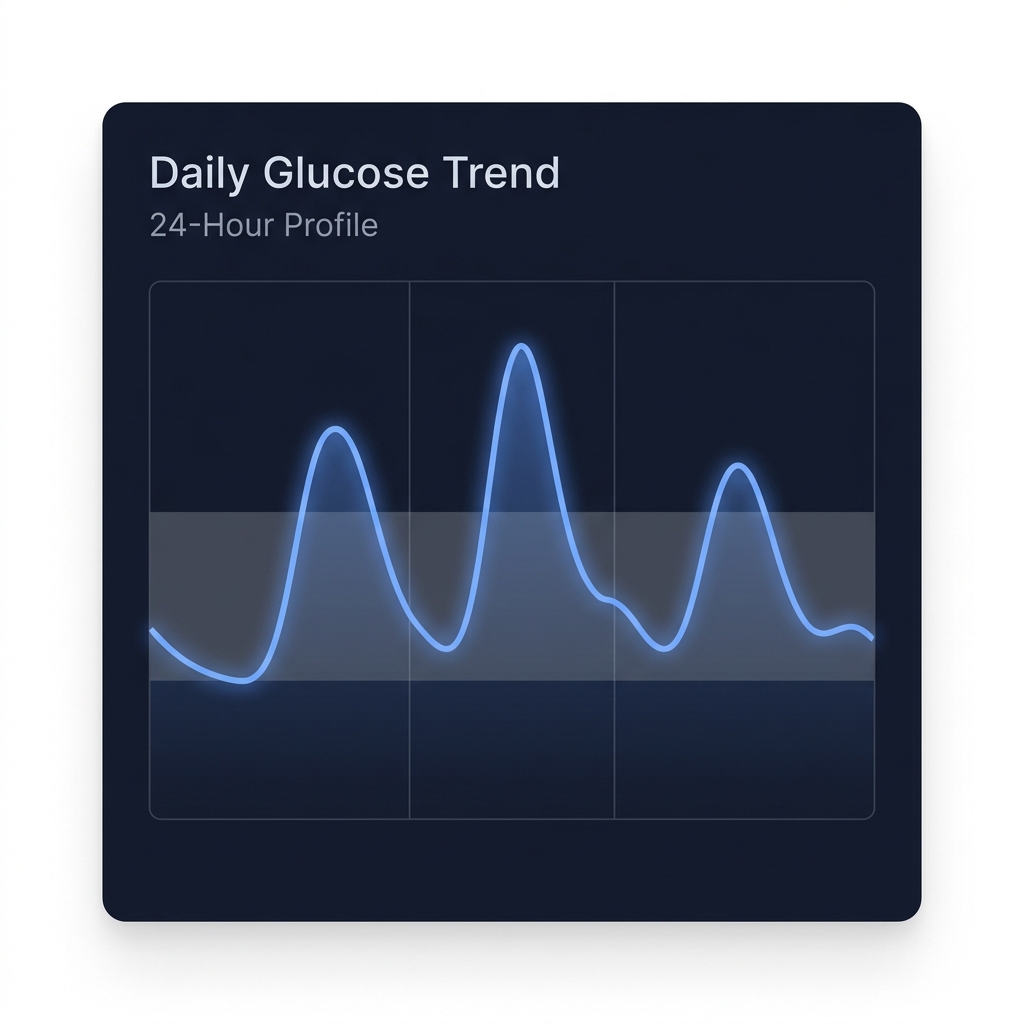 Continuous glucose monitor sensor on the upper arm of a healthy adult, with a smartphone dashboard showing a 24-hour glucose curve peaking gently after meals and returning to baseline