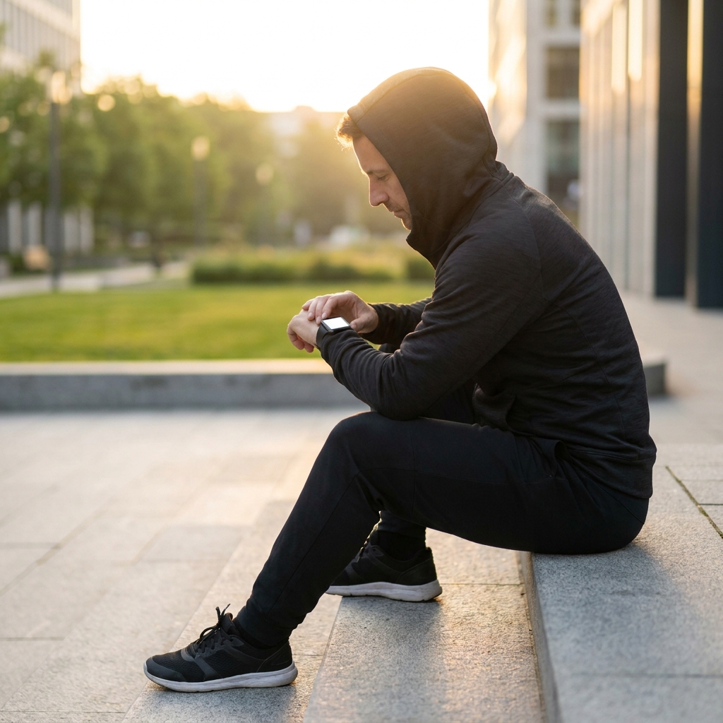 Person in athletic wear sitting on outdoor steps in golden morning light, checking HRV and recovery score on their fitness smartwatch before a workout