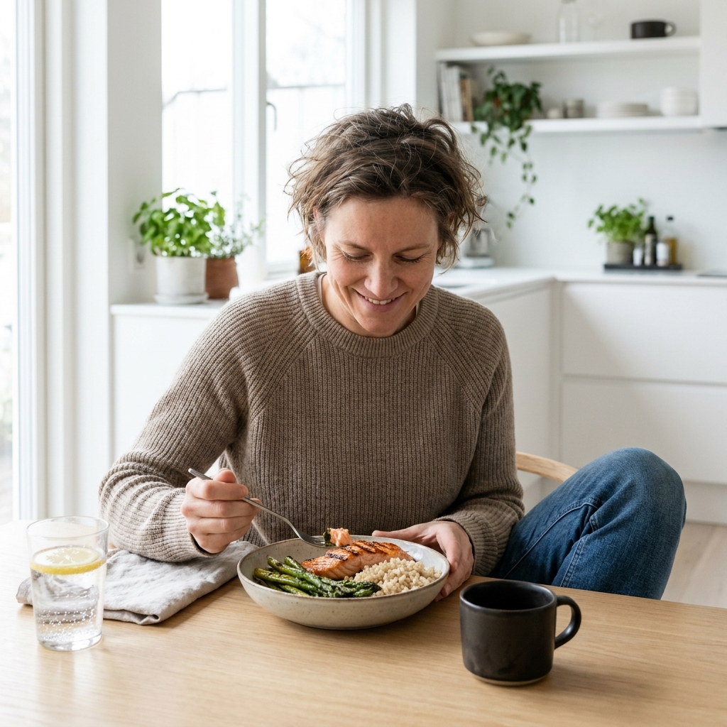 Flat-lay breakfast plate on a wooden table with scrambled eggs, smoked salmon, avocado, and berries, representing an early time-restricted eating first meal around 7am