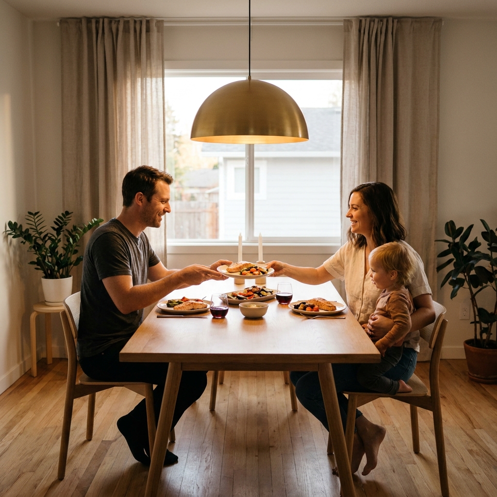 Early dinner plate at 7pm featuring grilled salmon, roasted vegetables, and greens in soft evening window light, illustrating a front-loaded protein-and-fiber meal that closes the eating window well before bedtime