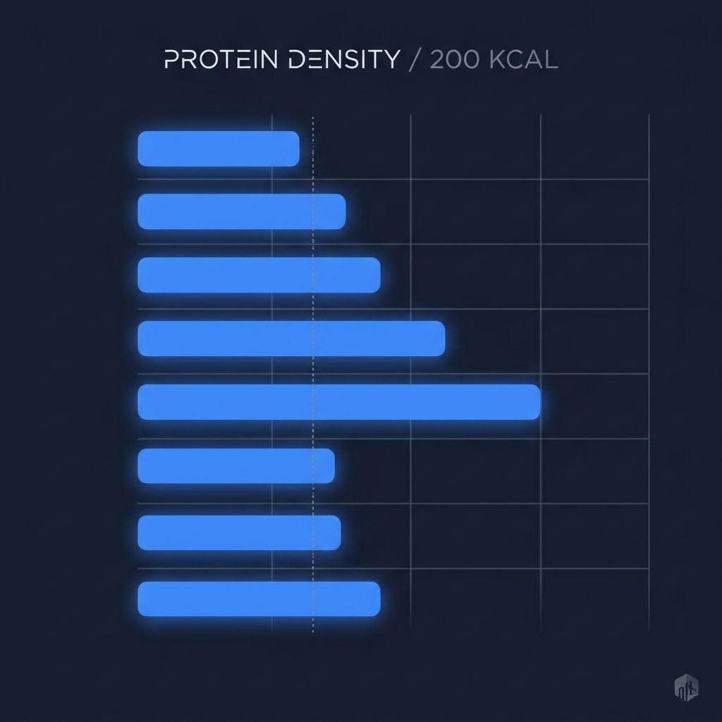 Overhead view of a modern kitchen counter with portioned high-protein foods — grilled chicken breast, Greek yogurt, salmon fillet, lentils, tofu, cottage cheese, and eggs — each labeled with gram values on small cards, soft natural light