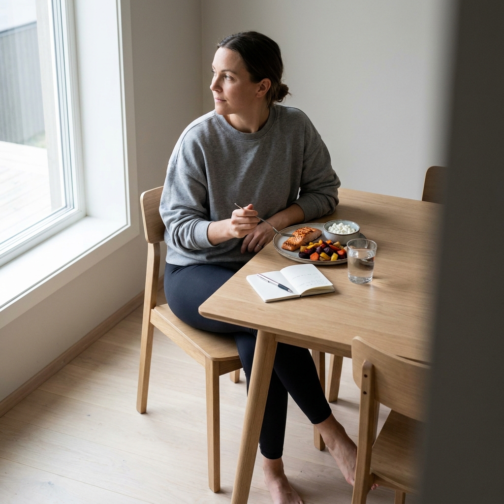 Person in athletic wear meal-prepping chicken breast, salmon, and tofu into glass containers, with a food scale and notebook showing protein targets of 160g per day on the counter